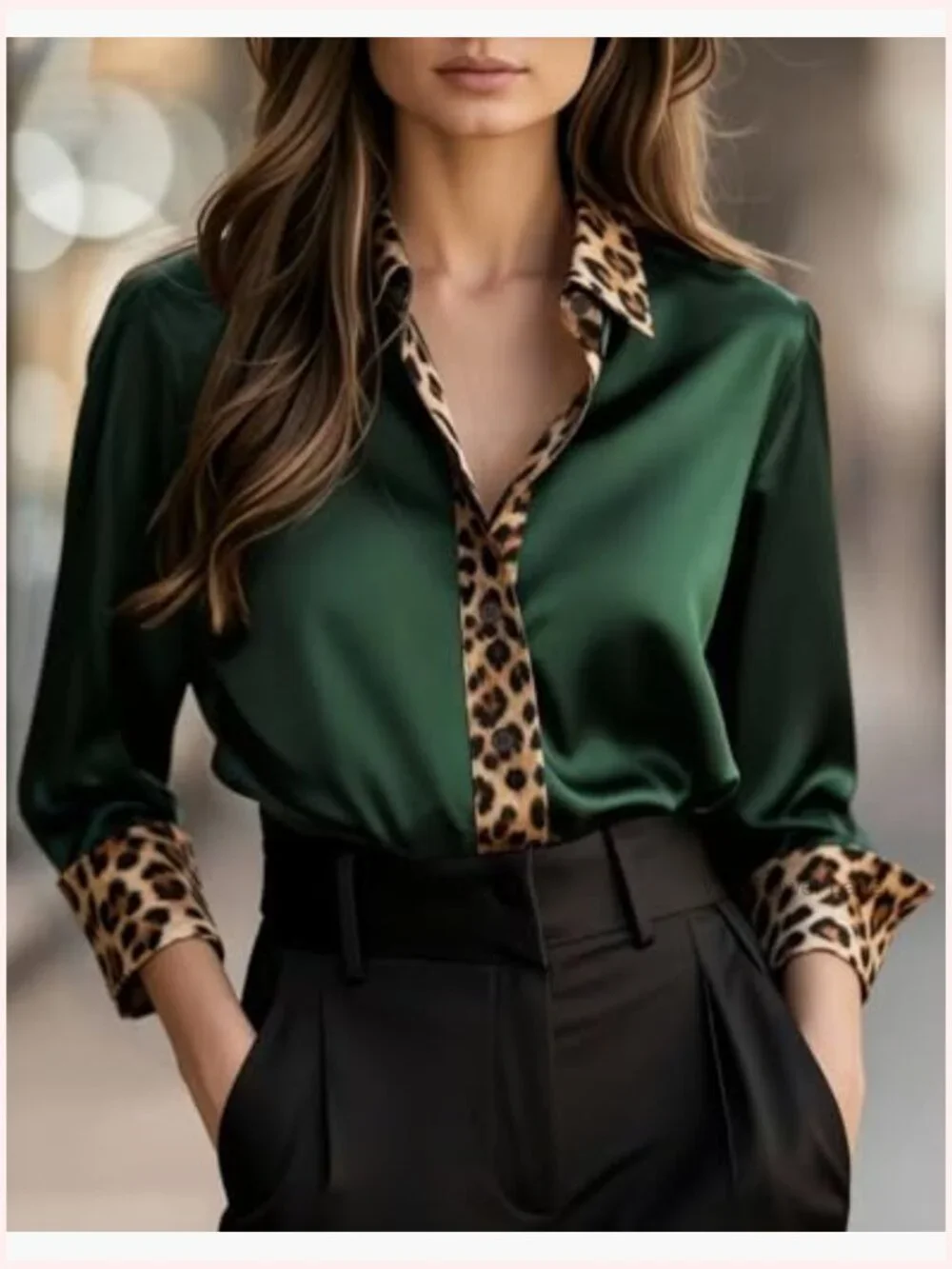 Leopard Satin Button Down Blouse Long Sleeve - Picture 2 of 5